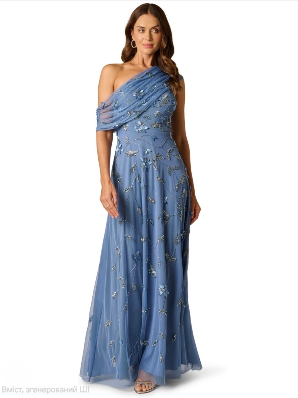 Adrianna Papell One-Shoulder Periwinkle Blue Embellished Gown Size 14